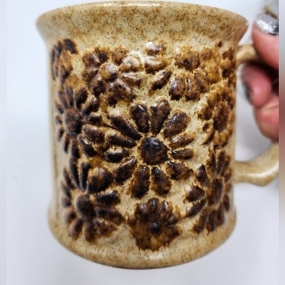 Coffee Tea Brown Tan Floral Pattern Pottery Mug Set New Without Tags - Picture 6 of 13